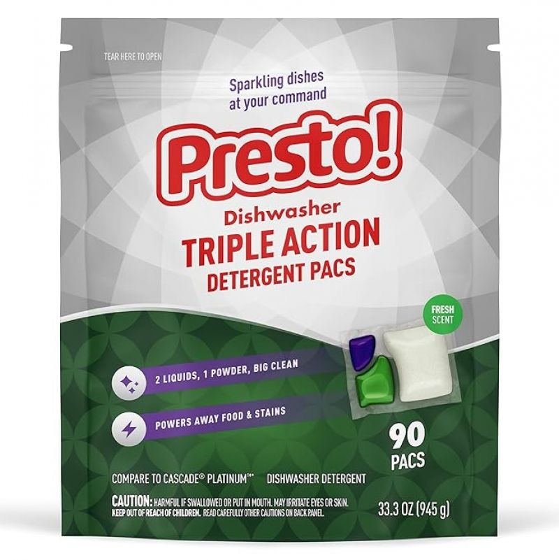 ihocon: [Amazon自家品牌, 买4再减钱]Presto! Triple Action Dishwasher Pacs, Fresh Scent 洗碗剂90粒