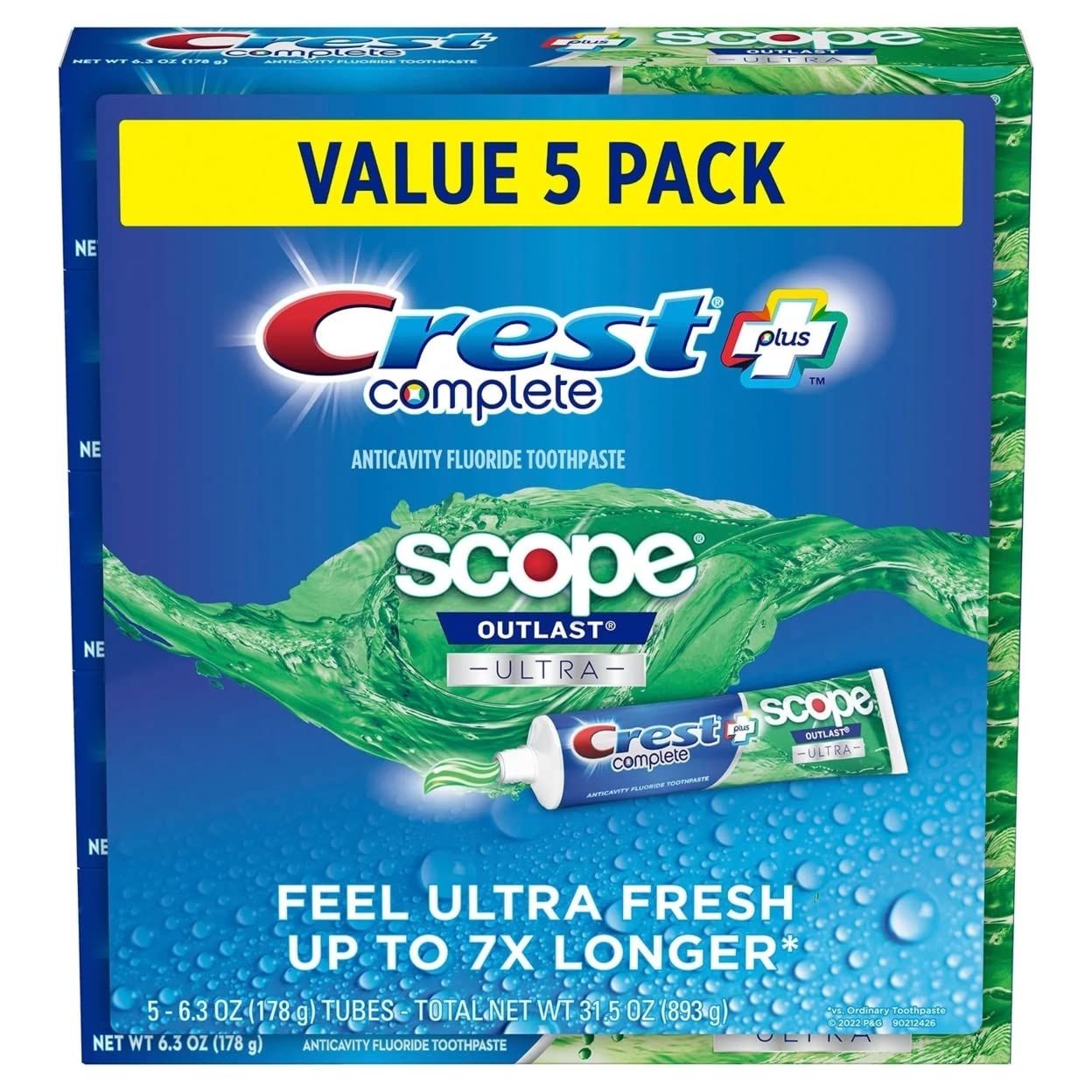【折後$9.48 Prime包郵】Crest Complete + 全效亮白清新牙膏 6.3oz*5支