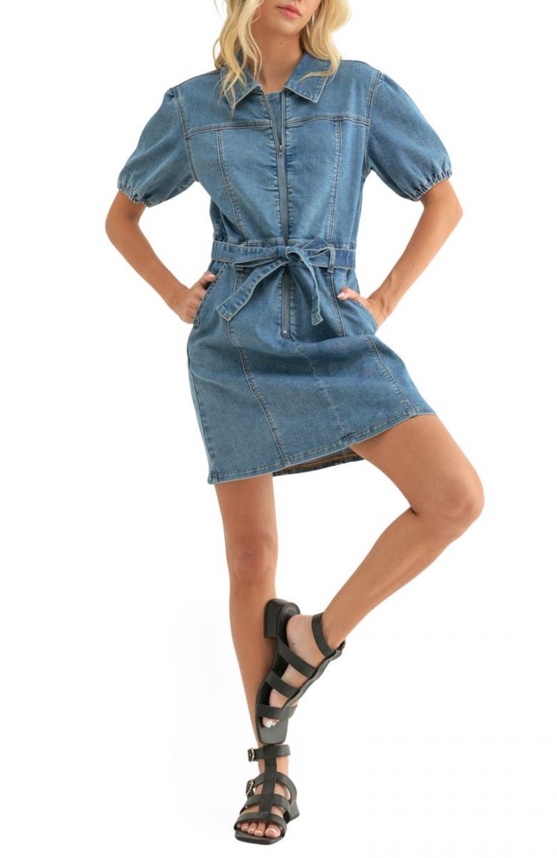 ihocon: WISHLIST Puff Sleeve Belted Denim Minidress 牛仔連身裙