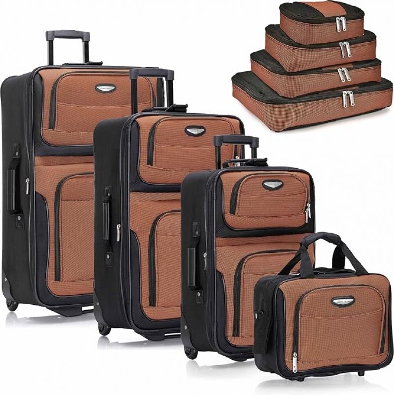 ihocon: Travel Select Amsterdam Softside Expandable Luggage with Rolling Wheels, Orange, 8-Piece Set with Packing Cubes  软壳可扩充行李箱(15/21/25/29寸)+衣物收纳袋共8件