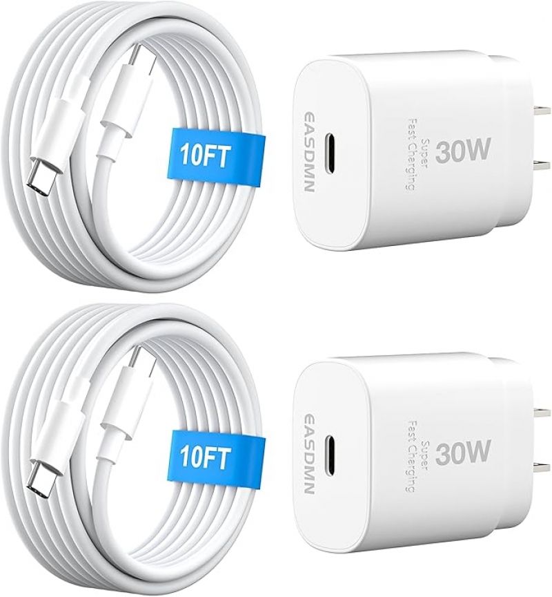 ihocon: EASDMN 30W USB C i Phone 16 15 Charger Fast Charging快速充電器2個+10呎 Type C 充電線2條