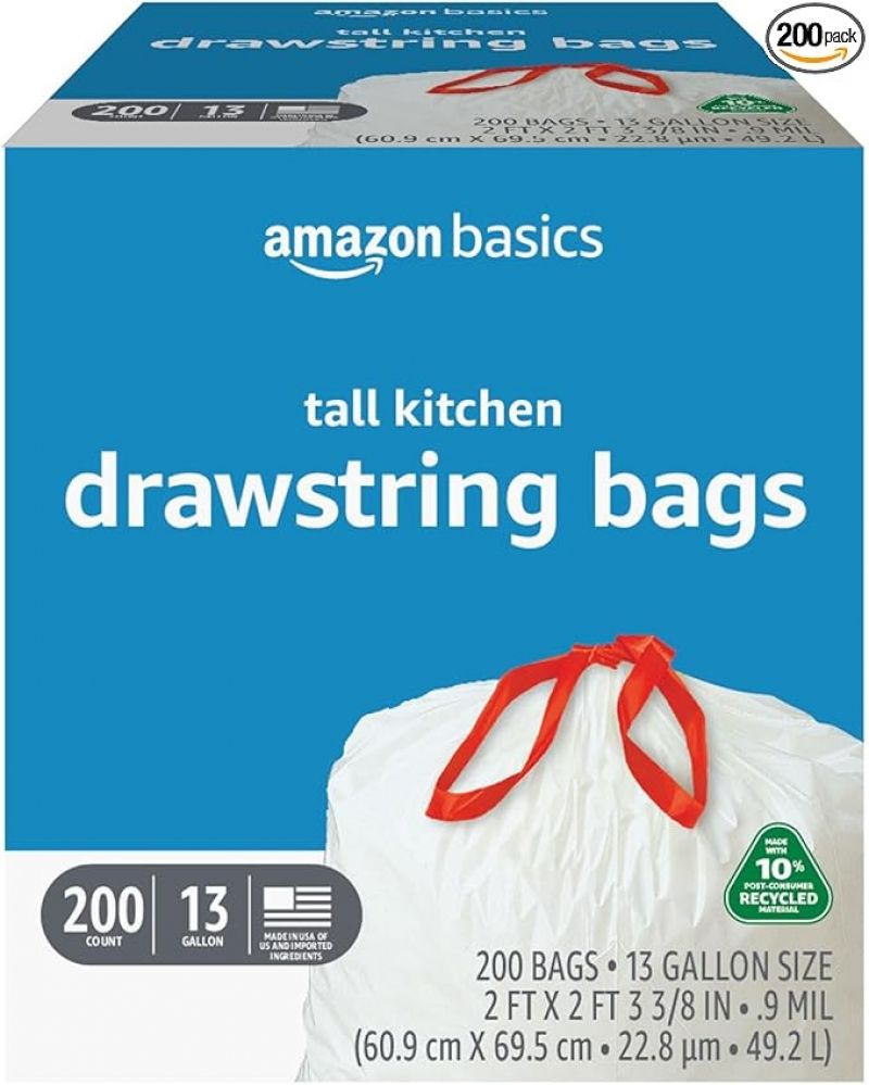 ihocon: Amazon Basics 13 Gallon Tall Kitchen Drawstring Trash Bags, Unscented, 10% Post Consumer Recycled,厨房抽绳垃圾袋 200个