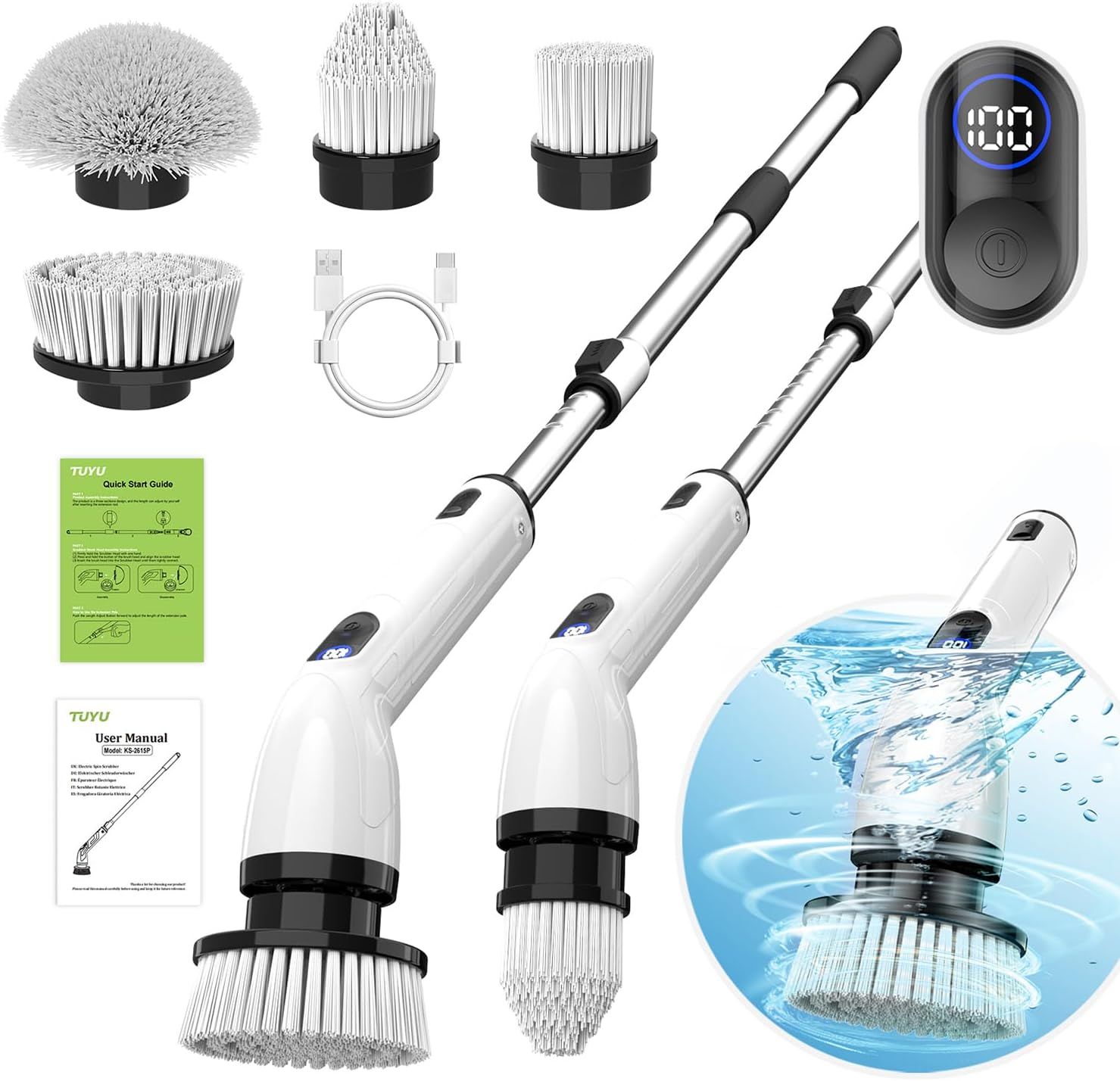 【折后仅$33.99】TUYU 电动旋转清洁刷 全机防水＋4刷头＋LED显示