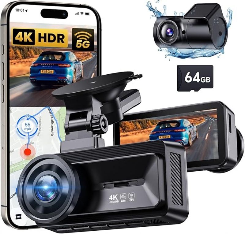 ihocon: COOLCRAZY Dash Cam Front Rear: 4K+1080P Full HD Dashcam Free 64GB Card, with 5G WiFi GPS, Dual Dash Camera for Cars with 3 IPS Screen, Night Vision, HDR, App Control, 24H Parking Mode, Loop Record 前后双镜头行车记录仪, 附64GB记忆卡