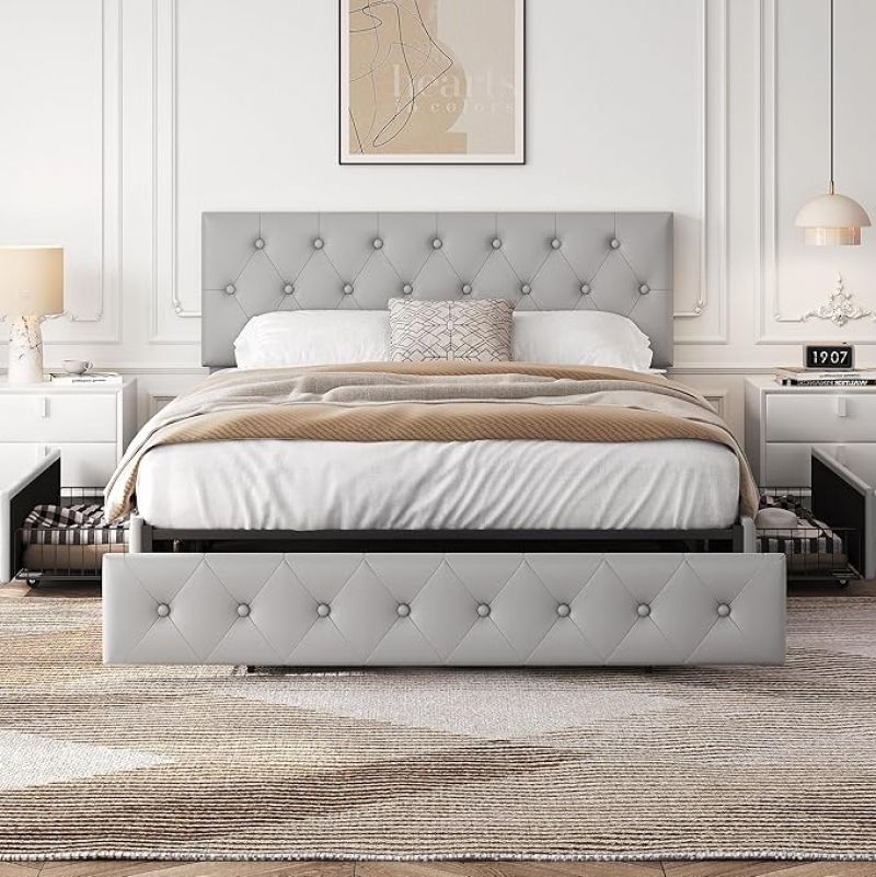 ihocon: Yaheetech Queen Bed Frame Upholstered Bed Frame with Adjustable Headboard Queen Size 多功能收納床架(含床頭板和床下抽屜)