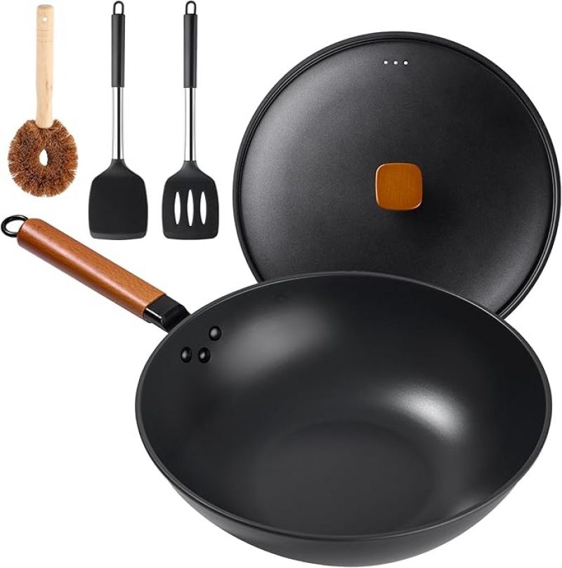 ihocon: Bretor Wok Pan with Lid - 13 Nonstick Wok, Carbon Steel Woks 13吋 含蓋碳鋼鍋, 附炒菜鏟2把及鍋刷 