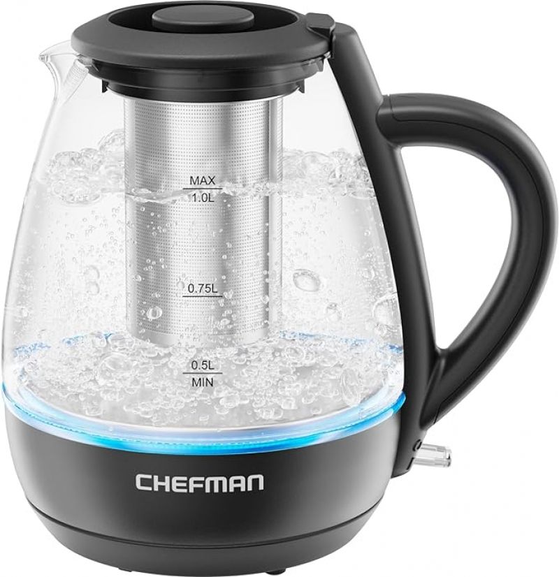 ihocon: Chefman Electric Kettle with Temperature Control, 5 Presets LED Indicator Lights, Removable Tea Infuser, Glass Tea Kettle & Hot Water Boiler, 360° Swivel Base, BPA Free, Stainless Steel, 1.8 Liters  电热水壶, 5段控温